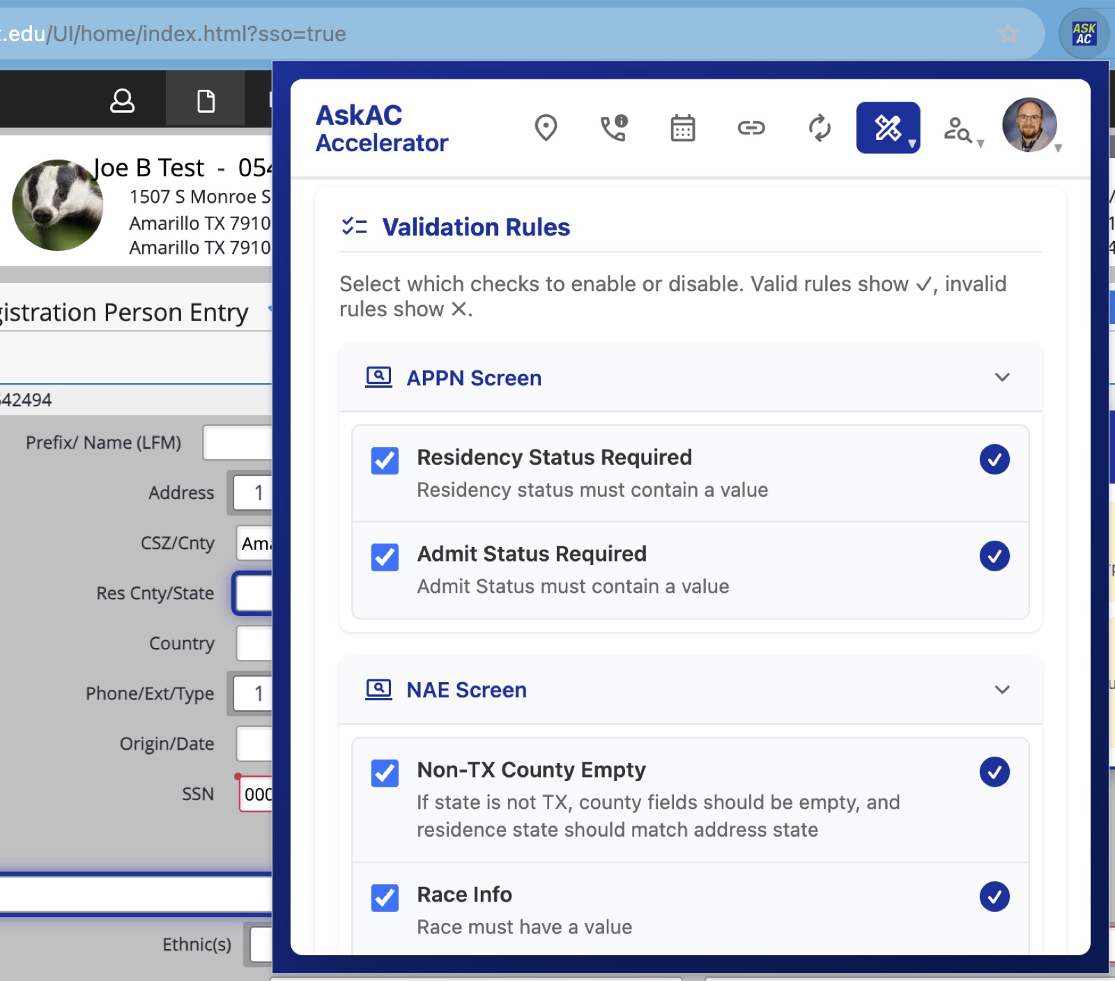 AskAC Accelerator validation-rules panel with per-screen checks toggled on, overlaying the registration entry screen